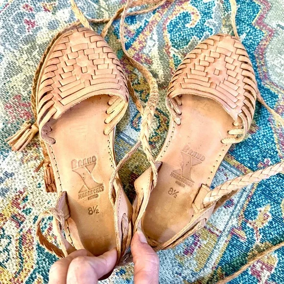 Braided Leather Huarache Sandals - Tan - Picture 2 of 6